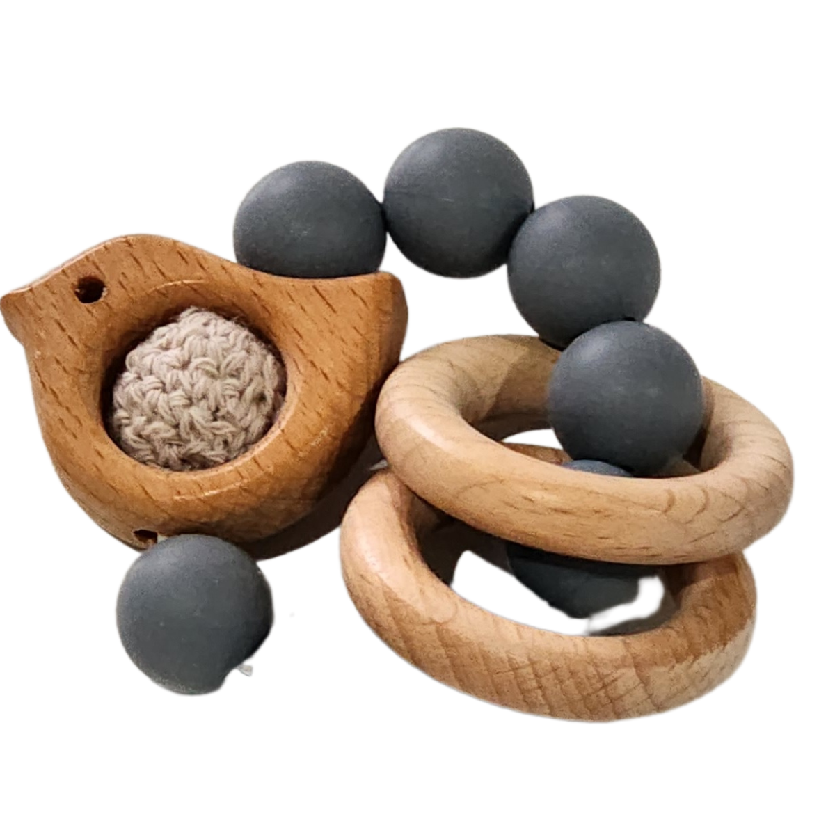 Silicone and Beech Teether Ring With Crochet