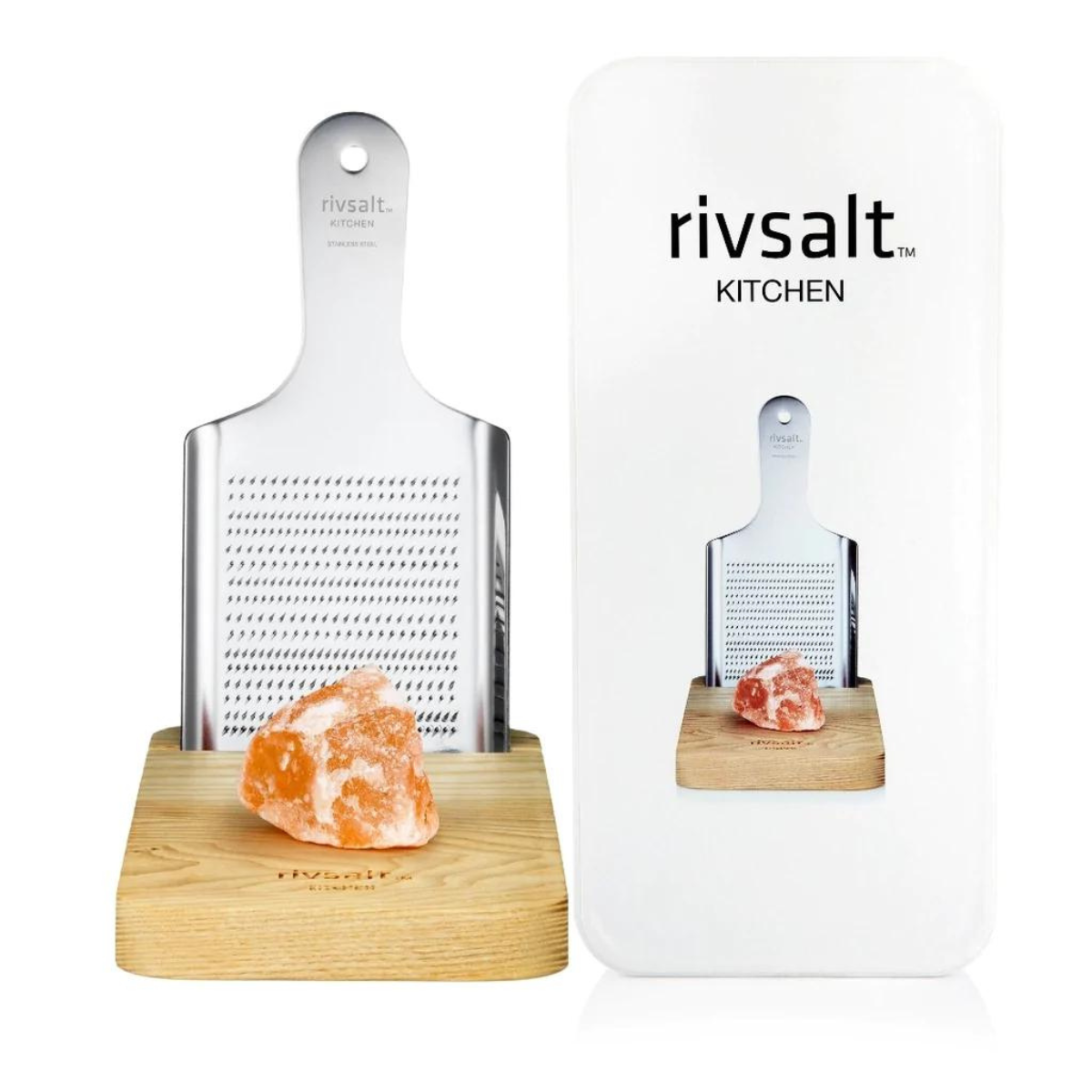 RIVSALT Kitchen Large - Himalayan Salt with Stainless Steel Grater and Oak Stand